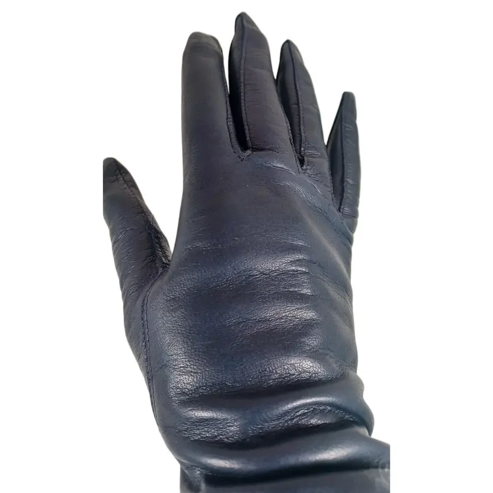 Vintage Made in Italy Dark Blue Leather Gloves with 100% Silk Lining, Size 7